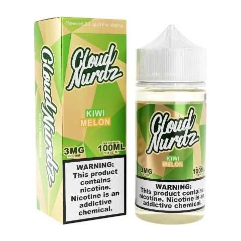 A 100ml Melon Kiwi Cloud Nurdz 100ml e-liquid bottle with melon and kiwi candy graphics. by Vape4Less.
