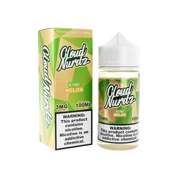 A 100ml Melon Kiwi Cloud Nurdz 100ml e-liquid bottle with melon and kiwi candy graphics. by Vape4Less.