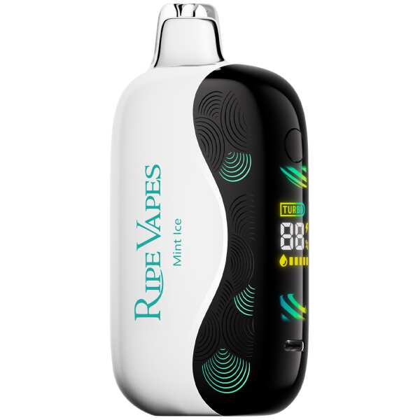 A 18ml Mint Ice Oasis Ripe Vapes Oak 35K disposable vape with mint leaves and icy graphic accents. by Vape4Less.