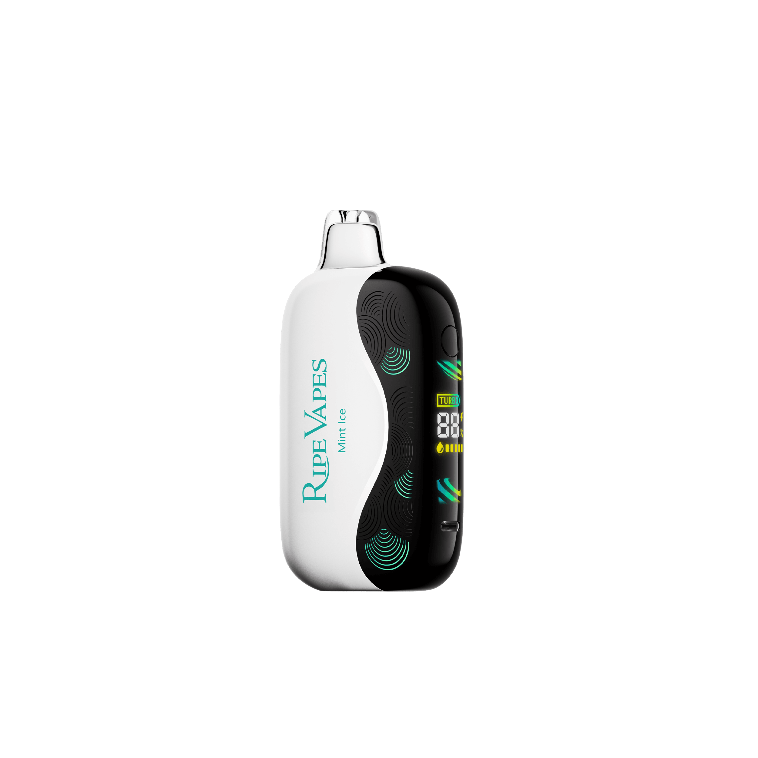A 18ml Mint Ice Oasis Ripe Vapes Oak 35K disposable vape with mint leaves and icy graphic accents. by Vape4Less.