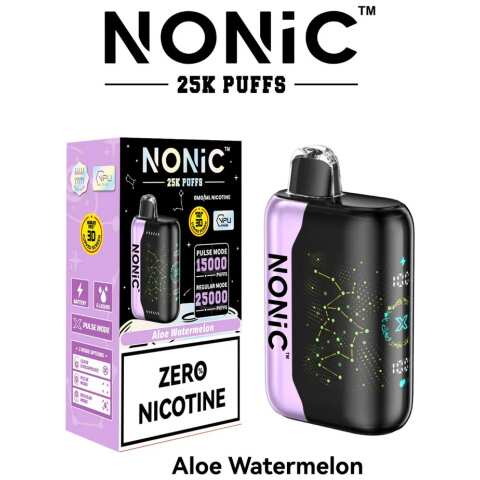 A 28ml Aloe Watermelon NONiC 25K disposable vape with aloe plant and ripe watermelon design. by Vape4Less.