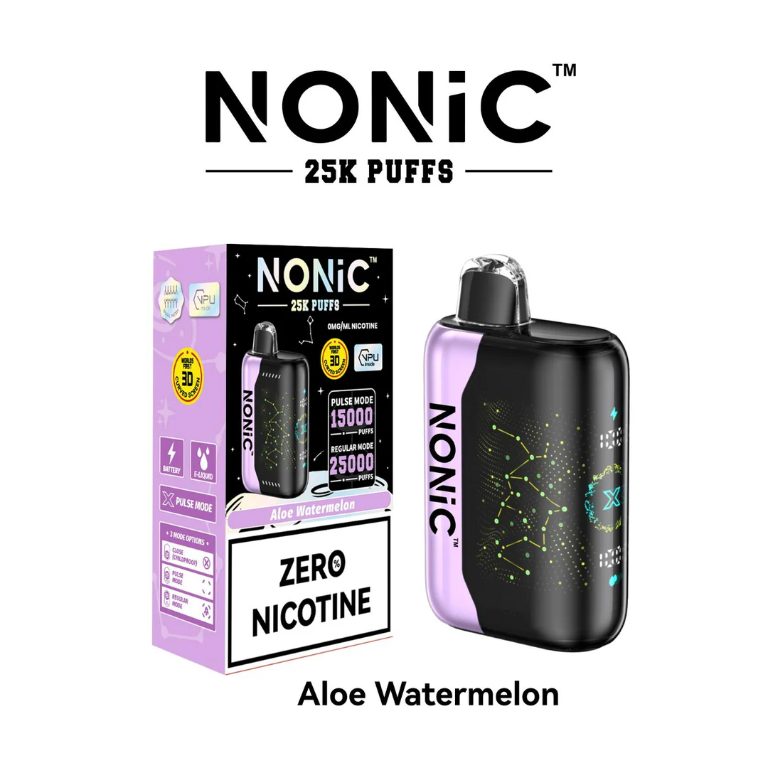A 28ml Aloe Watermelon NONiC 25K disposable vape with aloe plant and ripe watermelon design. by Vape4Less.