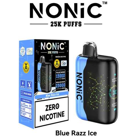 A 28ml Blue Razz Ice NONiC 25K disposable vape with blue raspberry and ice-themed artwork. by Vape4Less.
