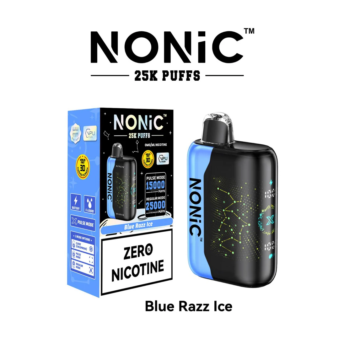 A 28ml Blue Razz Ice NONiC 25K disposable vape with blue raspberry and ice-themed artwork. by Vape4Less.