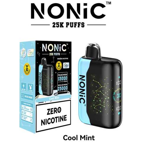A 28ml Cool Mint NONiC 25K disposable vape with mint leaves and icy cooling design. by Vape4Less.