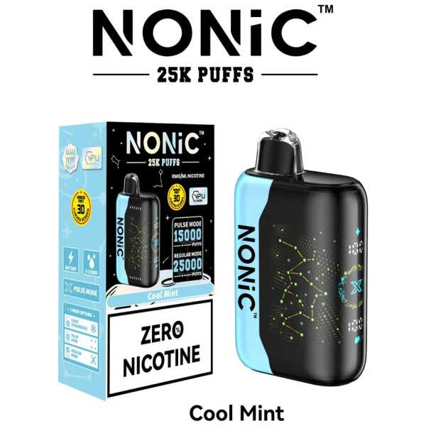 A 28ml Cool Mint NONiC 25K disposable vape with mint leaves and icy cooling design. by Vape4Less.