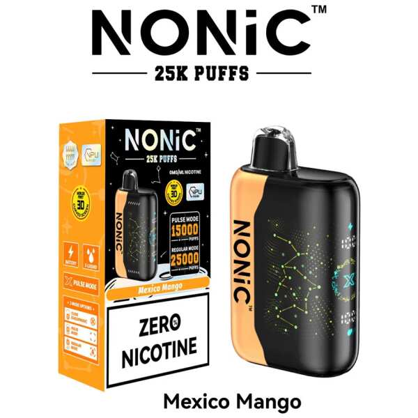 A 28ml Mexico Mango NONiC 25K disposable vape with tropical mango-themed artwork. by Vape4Less.