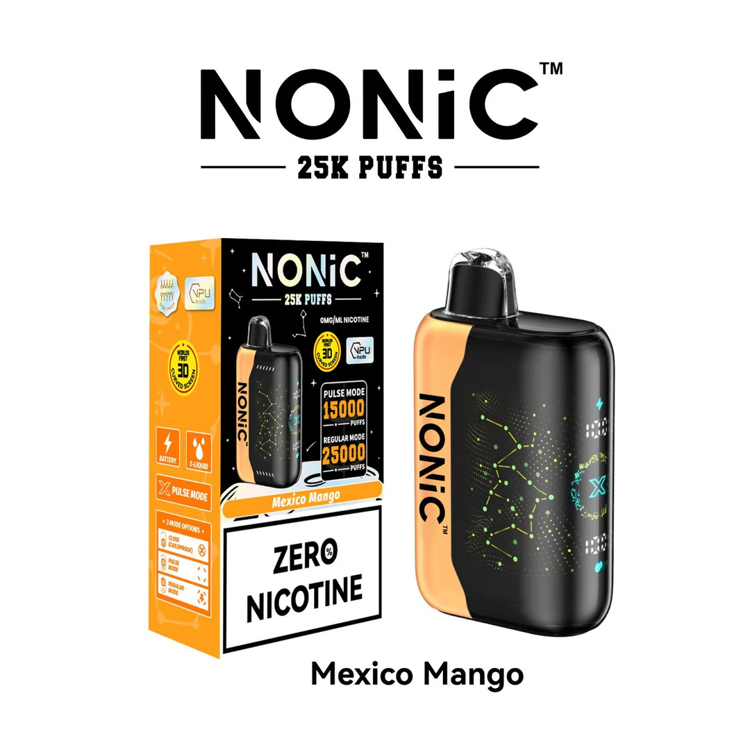 A 28ml Mexico Mango NONiC 25K disposable vape with tropical mango-themed artwork. by Vape4Less.
