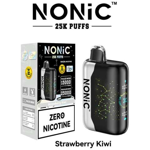 A 28ml Strawberry Kiwi NONiC 25K disposable vape with strawberry and kiwi fruit graphics. by Vape4Less.