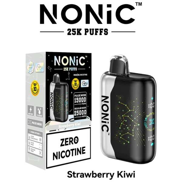 A 28ml Strawberry Kiwi NONiC 25K disposable vape with strawberry and kiwi fruit graphics. by Vape4Less.