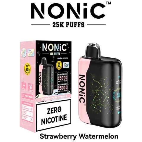 A 28ml Strawberry Watermelon NONiC 25K disposable vape with strawberry and watermelon graphics on the device. by Vape4Less.