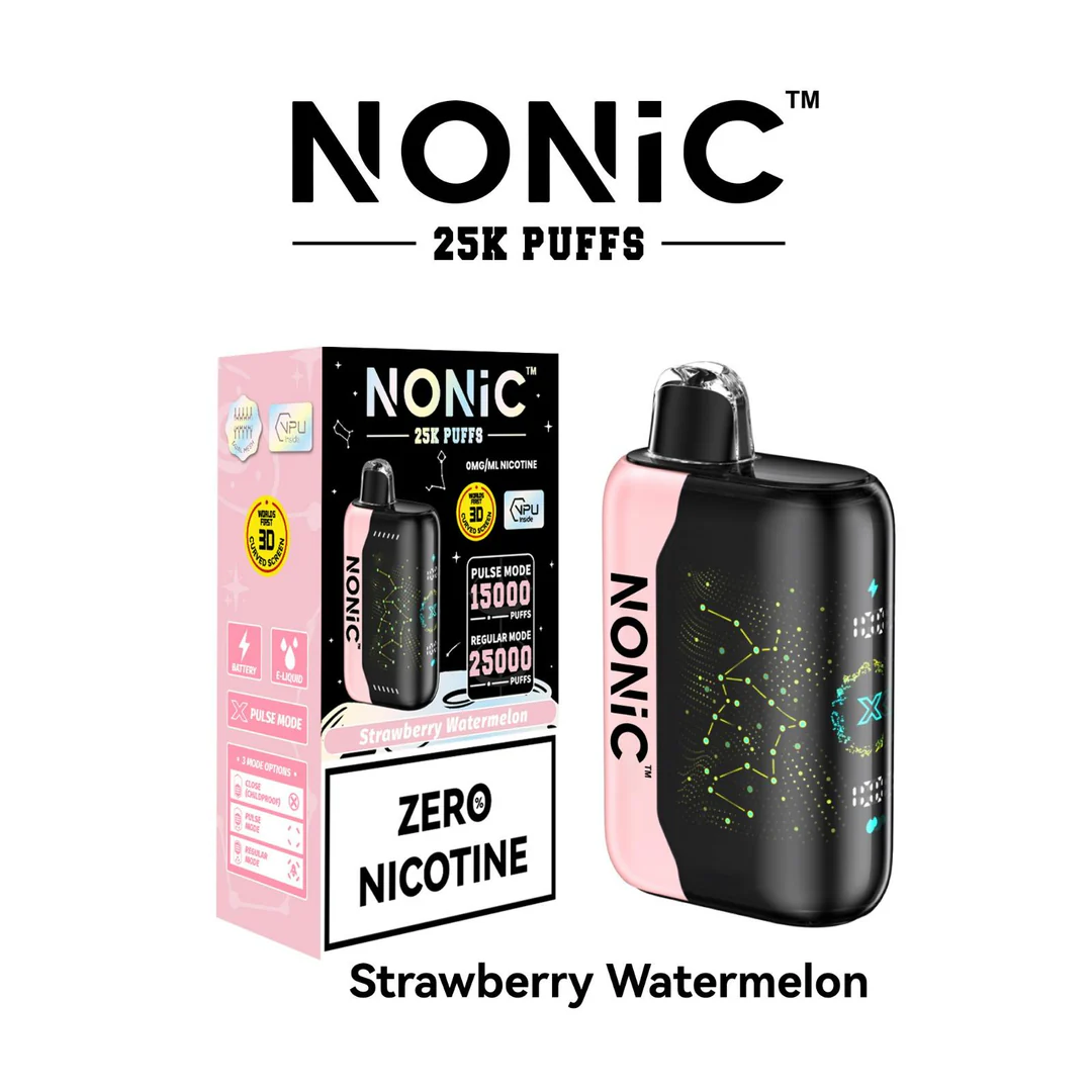 A 28ml Strawberry Watermelon NONiC 25K disposable vape with strawberry and watermelon graphics on the device. by Vape4Less.