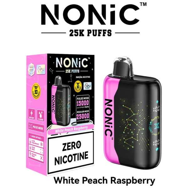 A 28ml White Peach Rasperry NONiC 25K disposable vape with white peach and raspberry graphics on the device. by Vape4Less.