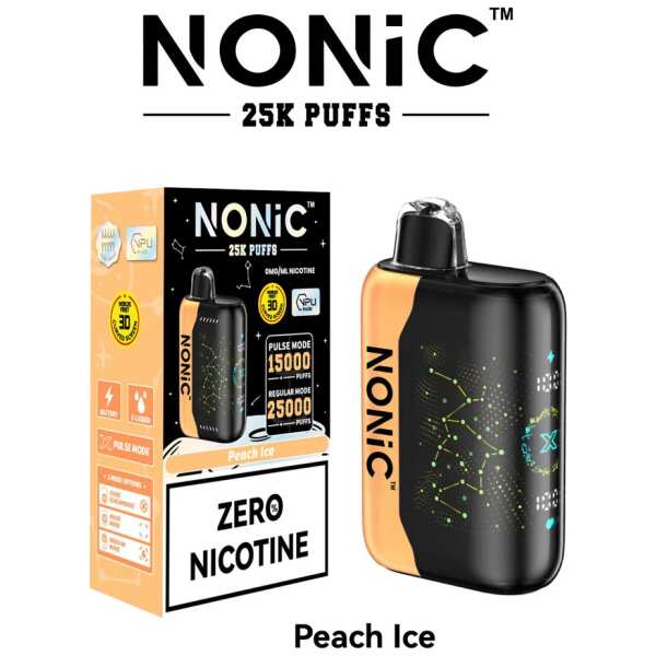 A 28ml Peach Ice NONiC 25K disposable vape with peach fruit and frosty ice-themed accents. by Vape4Less.