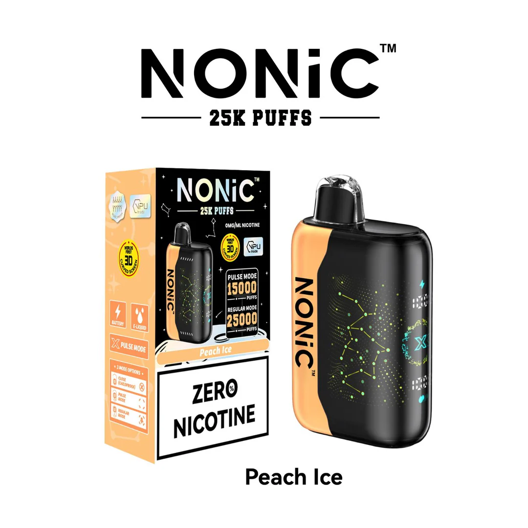 A 28ml Peach Ice NONiC 25K disposable vape with peach fruit and frosty ice-themed accents. by Vape4Less.