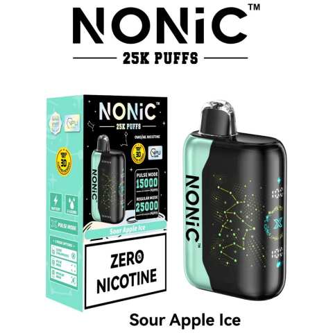 A 28ml Sour Apple Ice NONiC 25K disposable vape with sour green apple and icy frost design. by Vape4Less.
