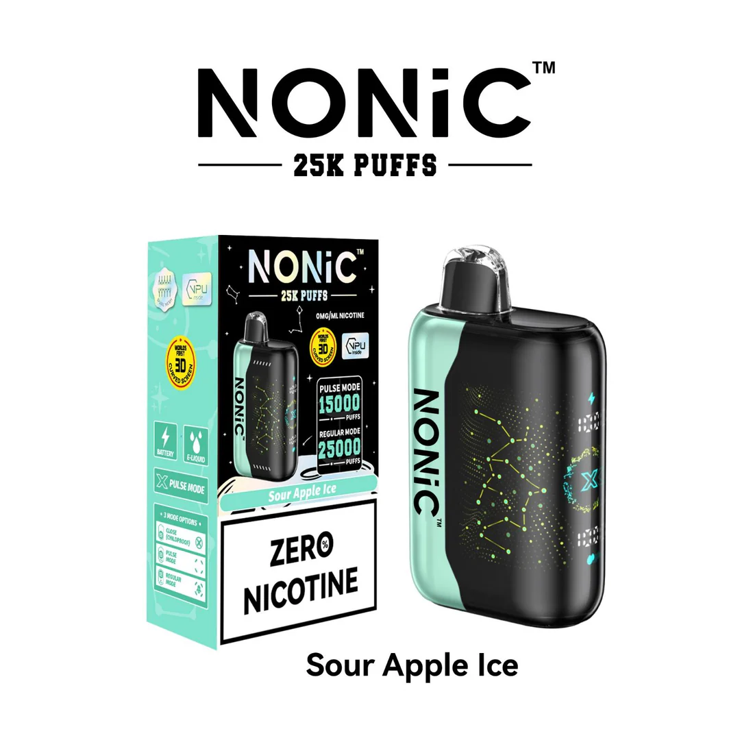 A 28ml Sour Apple Ice NONiC 25K disposable vape with sour green apple and icy frost design. by Vape4Less.