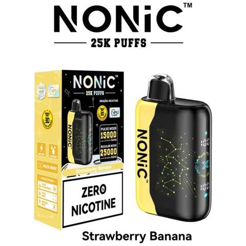 A 28ml Strawberry Banana NONiC 25K disposable vape with strawberry and banana fruit graphics. by Vape4Less.