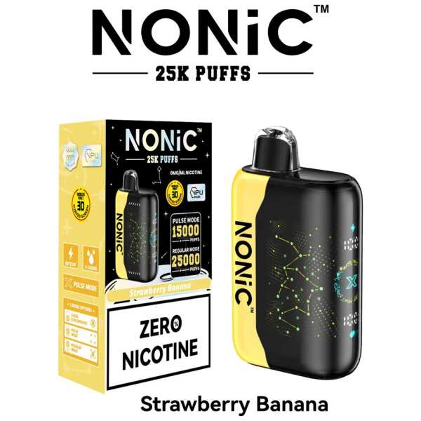 A 28ml Strawberry Banana NONiC 25K disposable vape with strawberry and banana fruit graphics. by Vape4Less.