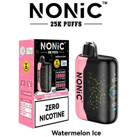 A 28ml Watermelon Ice NONiC 25K disposable vape with watermelon and ice graphics on the device. by Vape4Less.