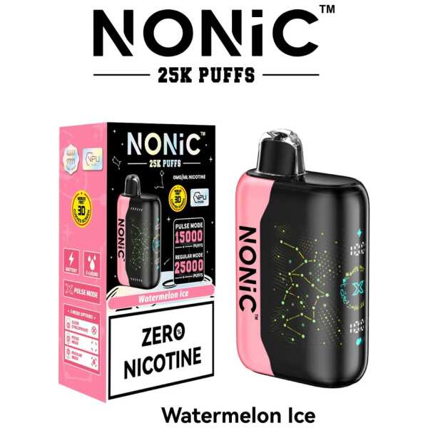 A 28ml Watermelon Ice NONiC 25K disposable vape with watermelon and ice graphics on the device. by Vape4Less.