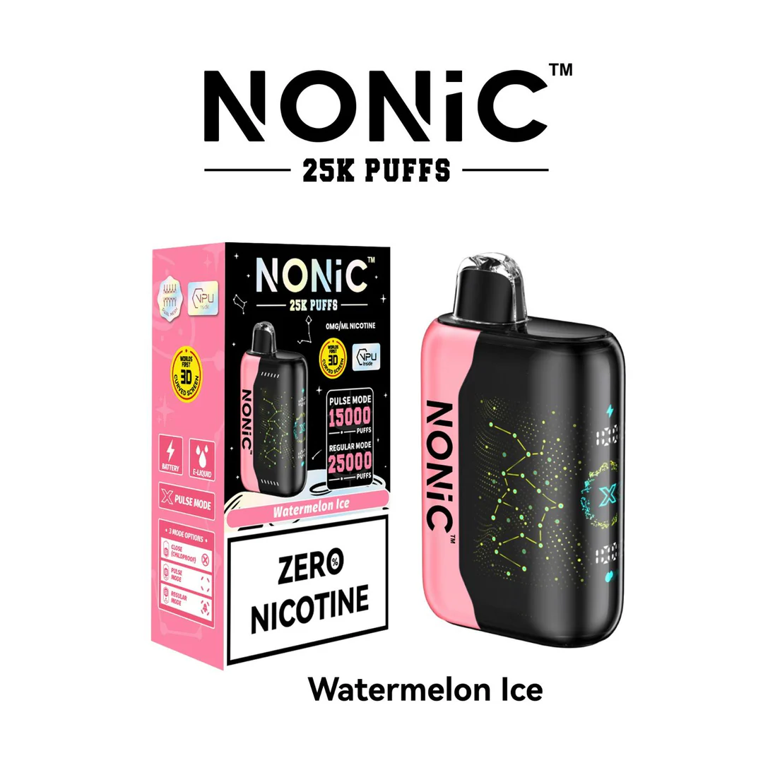 A 28ml Watermelon Ice NONiC 25K disposable vape with watermelon and ice graphics on the device. by Vape4Less.