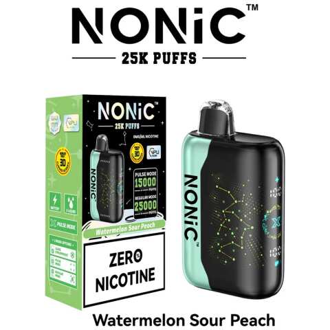 A 28ml Watermelon Sour Peach NONiC 25K disposable vape with watermelon and peach sour-candy graphics. by Vape4Less.