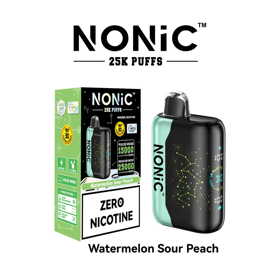 A 28ml Watermelon Sour Peach NONiC 25K disposable vape with watermelon and peach sour-candy graphics. by Vape4Less.