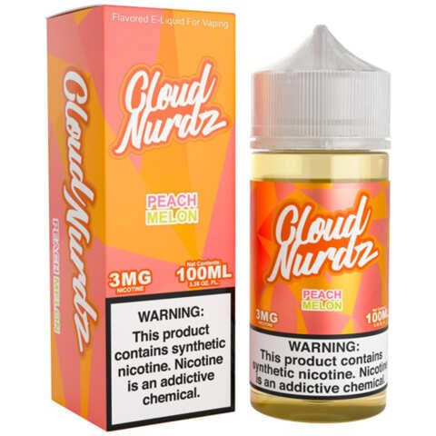 vape Peach Melon Cloud Nurdz 100ml e-liquid bottle with peach and melon candy graphics. by Vape4Less.