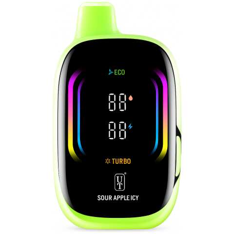 A Sour Apple Icy Float Mello Pro 50K disposable vape with green apple and icy float design on white background. by Vape4Less.