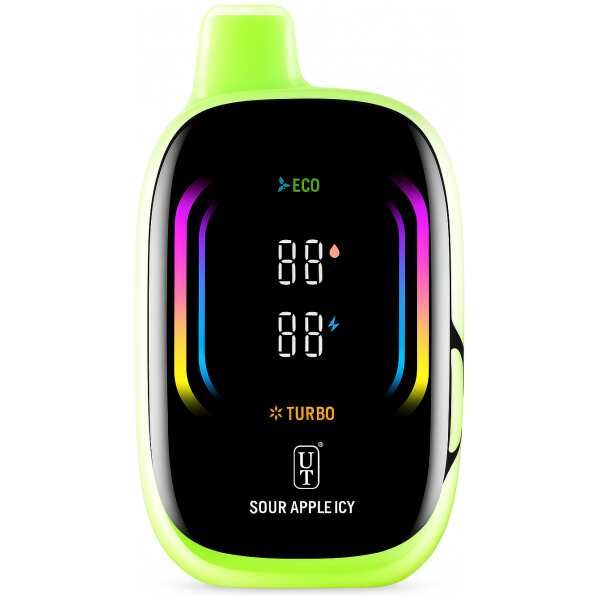 A Sour Apple Icy Float Mello Pro 50K disposable vape with green apple and icy float design on white background. by Vape4Less.