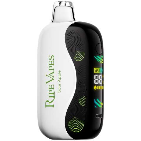 A 18ml Sour Apple Oasis Ripe Vapes Oak 35K disposable vape with green apple and sour-themed artwork. by Vape4Less.