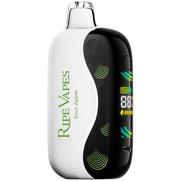 A 18ml Sour Apple Oasis Ripe Vapes Oak 35K disposable vape with green apple and sour-themed artwork. by Vape4Less.