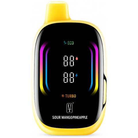 A Sour Mango Pineapple Float Mello Pro 50K disposable vape with mango and pineapple graphics on a tropical background. by Vape4Less.