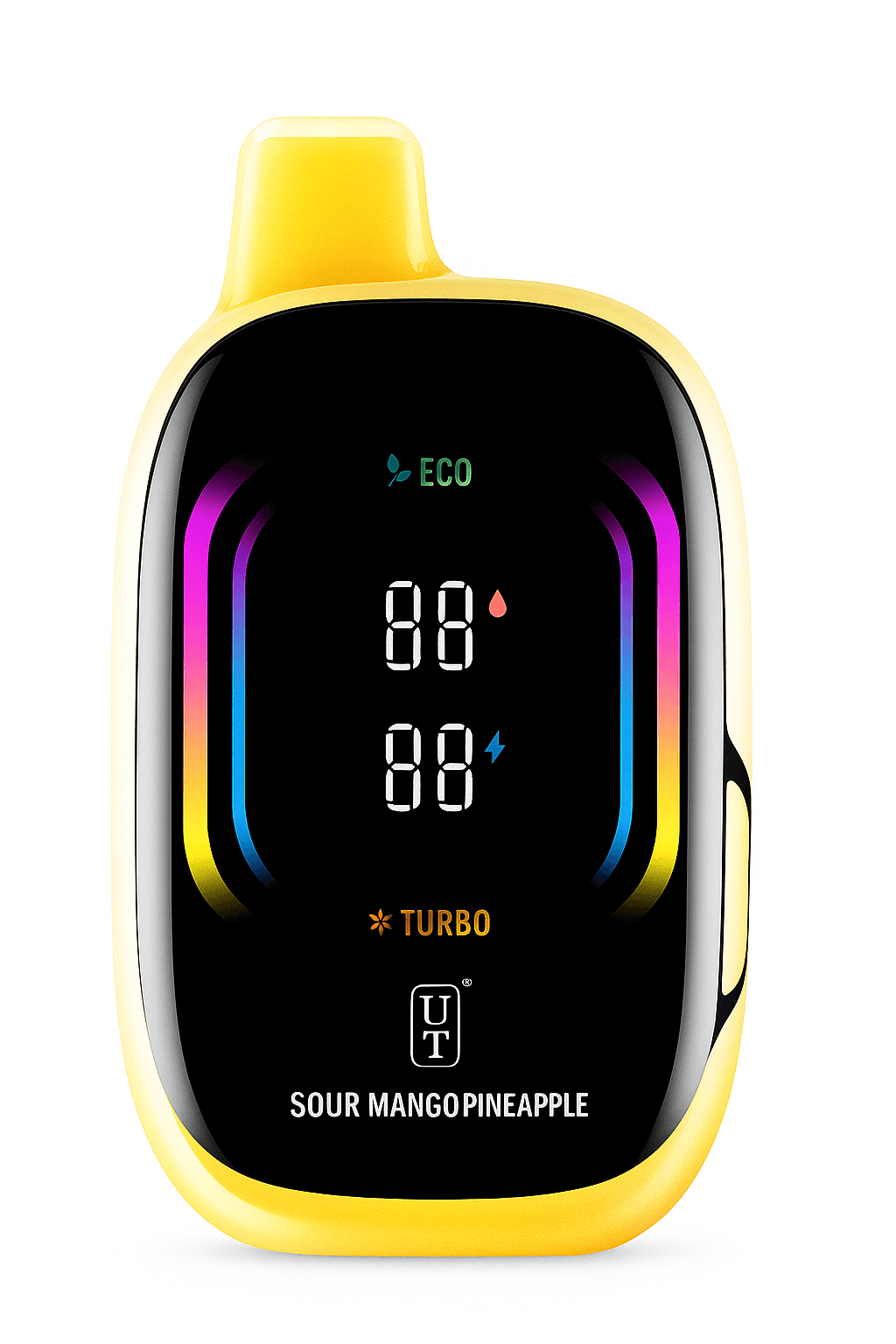 Sour Mango Pineapple Flum Mello Pro 50K A Sour Mango Pineapple Float Mello Pro 50K disposable vape with mango and pineapple graphics on a tropical background. by Vape4Less.