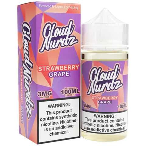 A 100ml Strawberry Grape Cloud Nurdz 100ml e-liquid bottle with strawberry and grape candy graphics. by Vape4Less.