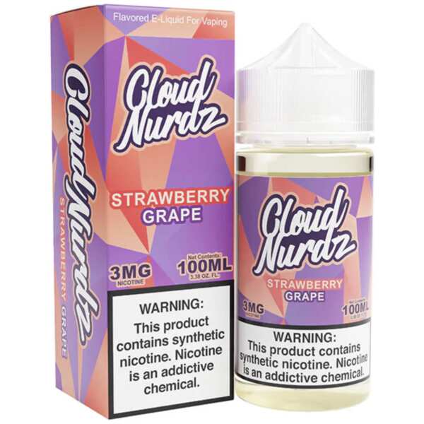 A 100ml Strawberry Grape Cloud Nurdz 100ml e-liquid bottle with strawberry and grape candy graphics. by Vape4Less.