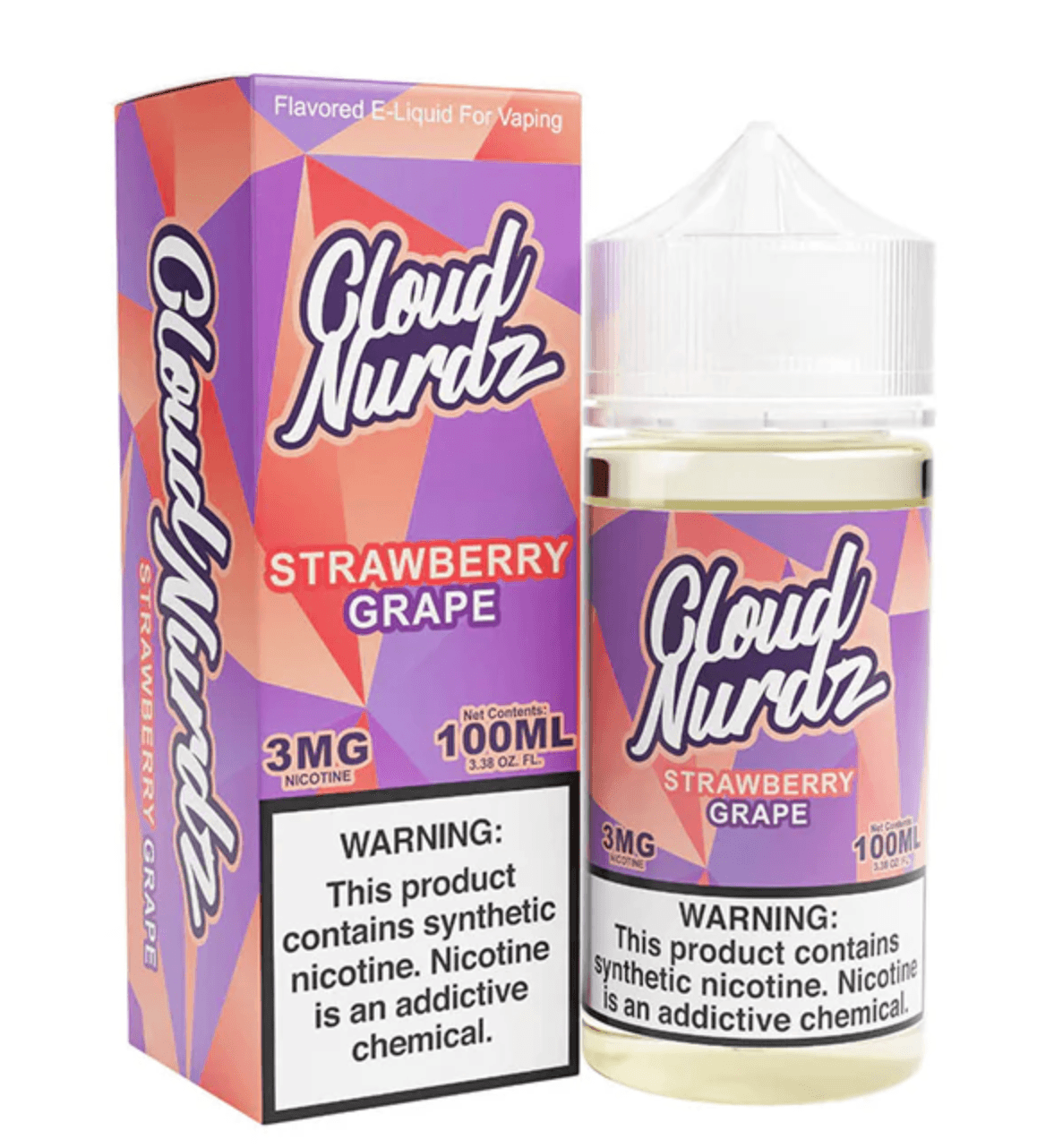 A 100ml Strawberry Grape Cloud Nurdz 100ml e-liquid bottle with strawberry and grape candy graphics. by Vape4Less.