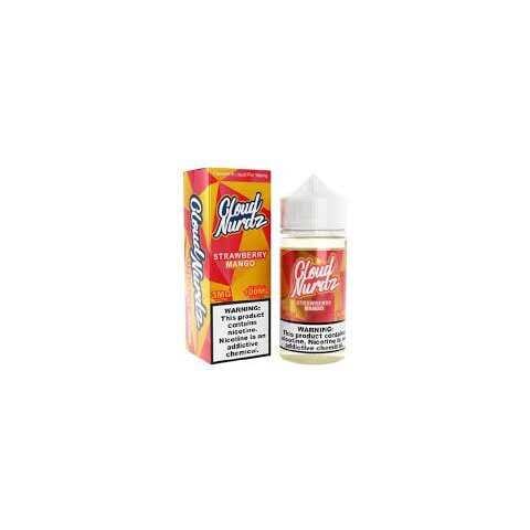 A 100ml Strawberry Mango Cloud Nurdz 100ml e-liquid bottle with strawberry and mango candy graphics. by Vape4Less.