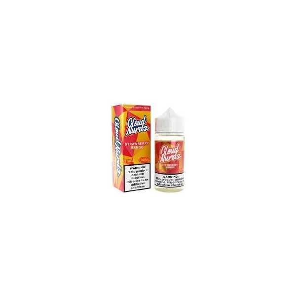 A 100ml Strawberry Mango Cloud Nurdz 100ml e-liquid bottle with strawberry and mango candy graphics. by Vape4Less.
