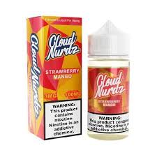 A 100ml Strawberry Mango Cloud Nurdz 100ml e-liquid bottle with strawberry and mango candy graphics. by Vape4Less.