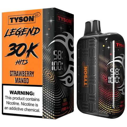 A 16ml Strawberry Mango Tyson 2.0 Legend 30K disposable vape with strawberry and mango design and sleek LED display. by Vape4Less.
