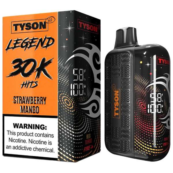 A 16ml Strawberry Mango Tyson 2.0 Legend 30K disposable vape with strawberry and mango design and sleek LED display. by Vape4Less.
