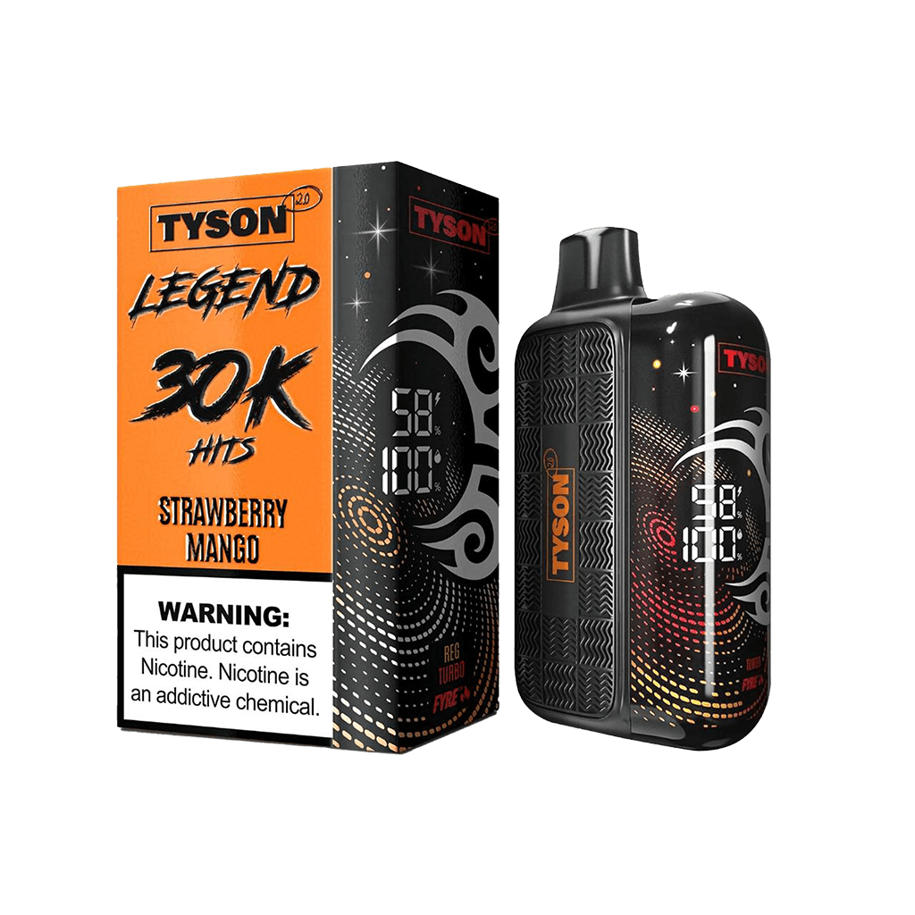 A 16ml Strawberry Mango Tyson 2.0 Legend 30K disposable vape with strawberry and mango design and sleek LED display. by Vape4Less.
