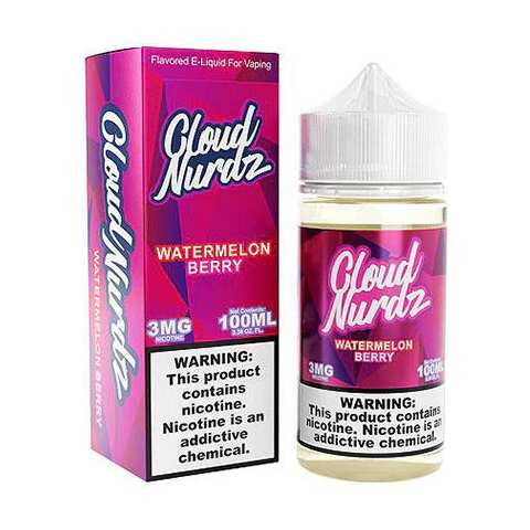 A 100ml Watermelon Berry Cloud Nurdz 100ml e-liquid bottle with watermelon and berry candy graphics. by Vape4Less.