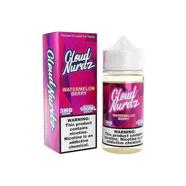 A 100ml Watermelon Berry Cloud Nurdz 100ml e-liquid bottle with watermelon and berry candy graphics. by Vape4Less.