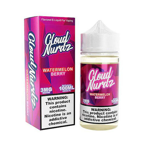 Watermelon Berry Cloud Nurdz 100ml A 100ml Watermelon Berry Cloud Nurdz 100ml e-liquid bottle with watermelon and berry candy graphics. by Vape4Less.