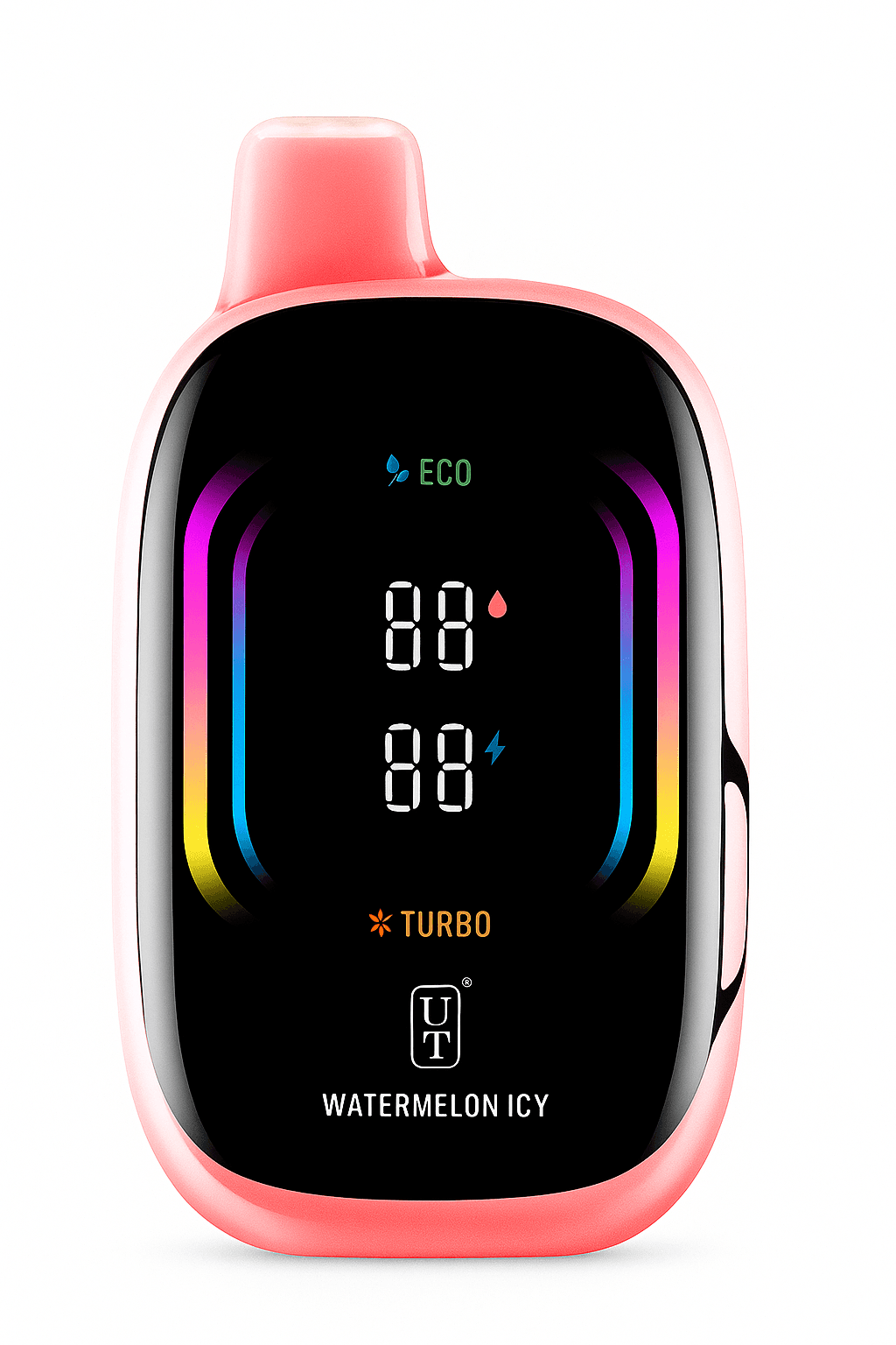 A Watermelon Icy Float Mello Pro 50K disposable vape with watermelon and ice cube design on a frosty background. by Vape4Less.