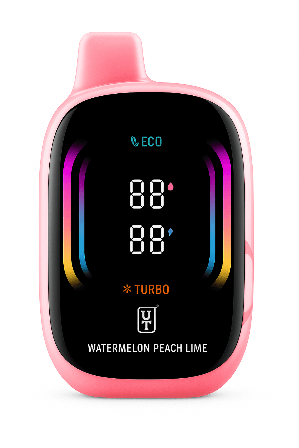 A Watermelon Peach Lime Float Mello Pro 50K disposable vape with colorful fruit design featuring watermelon, peach, and lime graphics. by Vape4Less.