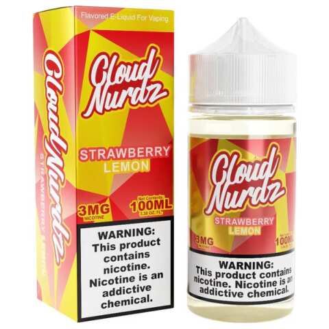 A 100ml Strawberry Lemon Cloud Nurdz 100ml e-liquid bottle with strawberry and lemon candy graphics. by Vape4Less.